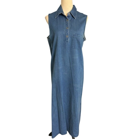 Directives Woman’s Denim Blue Sleeveless Button Pocket Maxi Dress Sz L - Picture 1 of 8